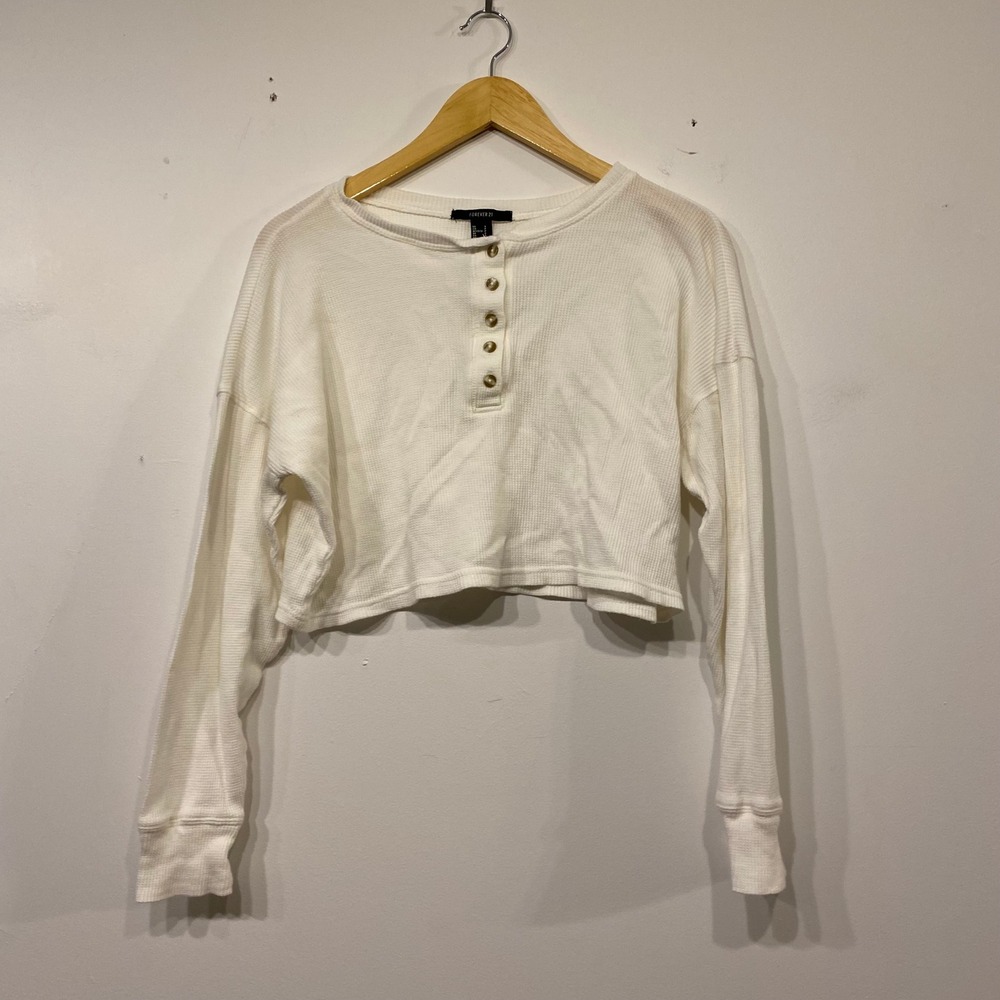 Forever 21 Women Cream White Waffle Knit Henley Cropped Long Sleeve Top Small